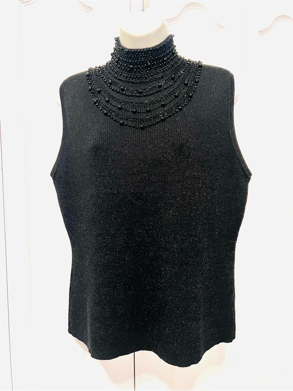 Grace Elements Metallic Black Beaded High-Neck Sleeveless Silk Blend XL Top